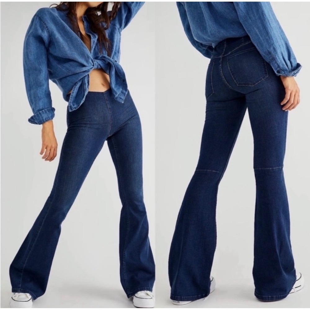 Free People Penny Pull On‎ Flare Jeans Dark Wash High Rise Bell Bottom Blue 26